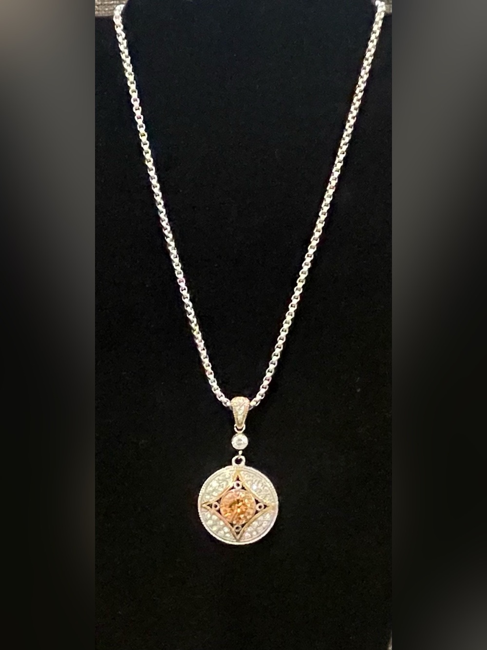 Silver tone Necklace with Gold-Tone Accent & Crystal Accent Pendant. Stamp DMBK